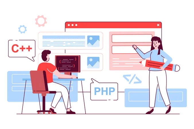 UI UX Programming Concept In Flat Line Design Man And Woman Create User Interface Optimize Layout Working With Code Making And Testing Apps Vector Illustration With Outline People Scene For Web Illustration