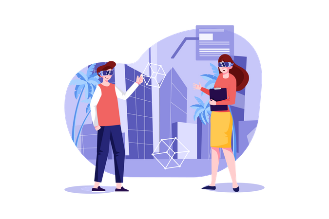 Male and female work with 3d city model  Illustration