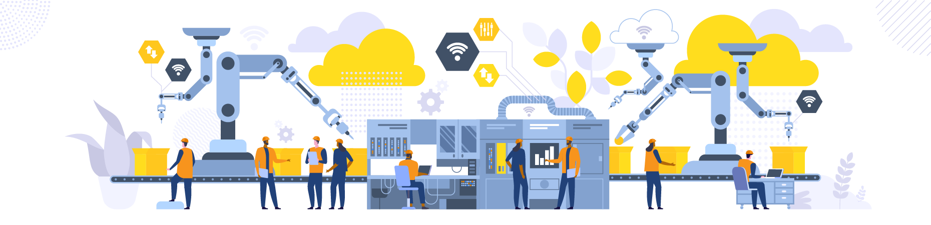Male and female worker working in smart factory  Illustration