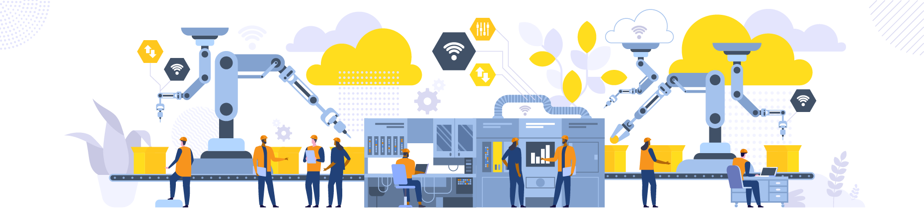 Male and female worker working in smart factory  Illustration