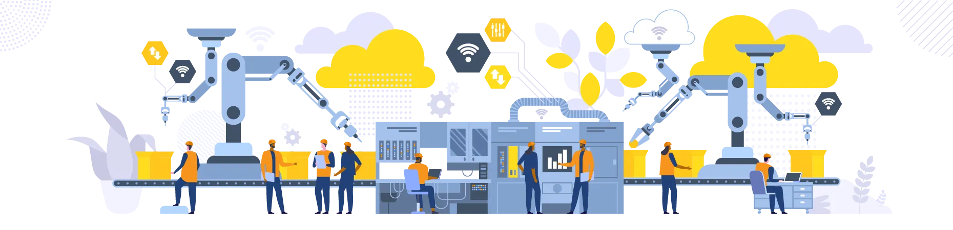 Male and female worker working in smart factory  Illustration