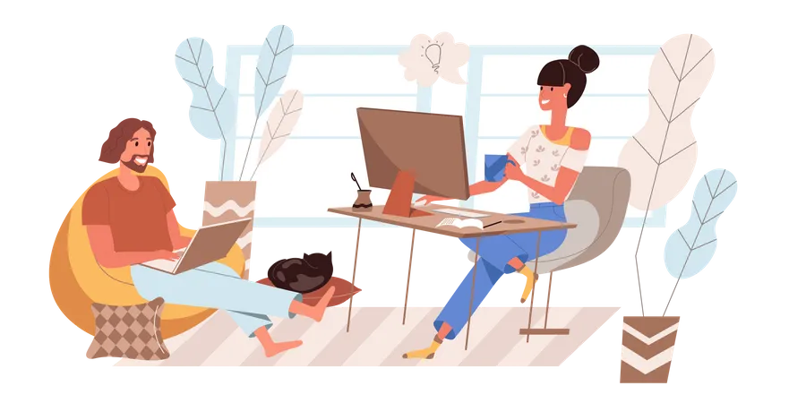 Male And Female Working From Home  Illustration