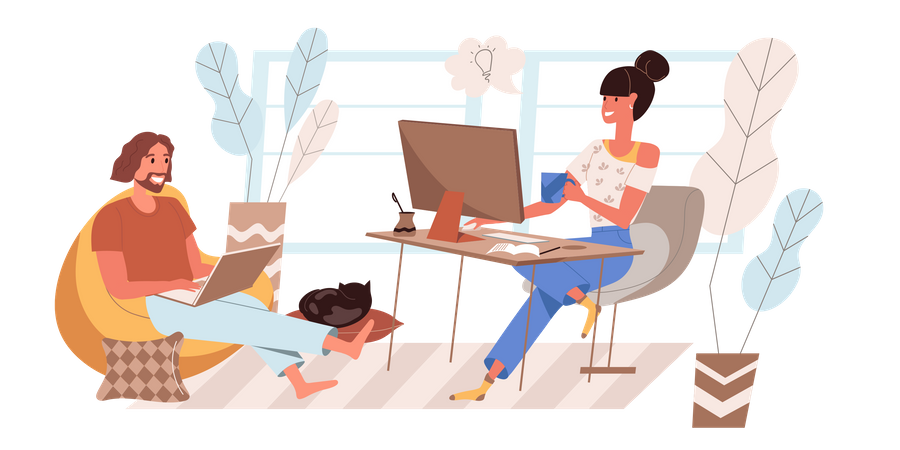 Male And Female Working From Home  Illustration