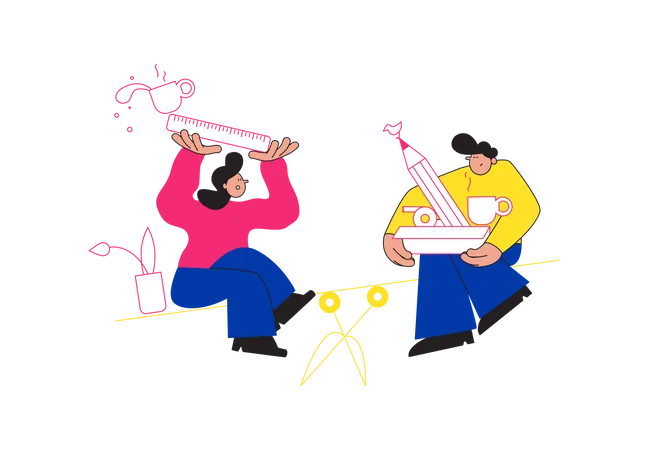 Male and female working together Illustration