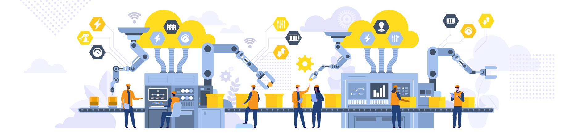 Male and female working with high tech machinery  Illustration