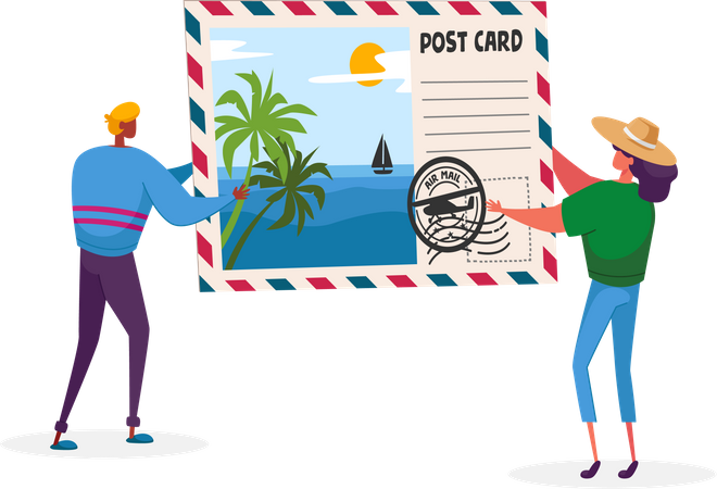 Male and Woman Holding Postcard with Tropical Beach and Palm Trees  Illustration