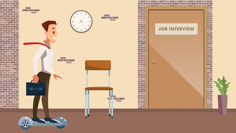 Male applicant riding hover board to job Interview Illustration