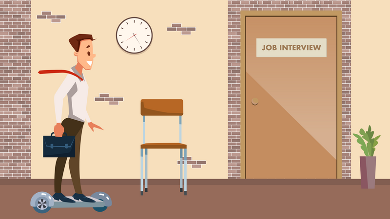 Male applicant riding hover board to job Interview  Illustration