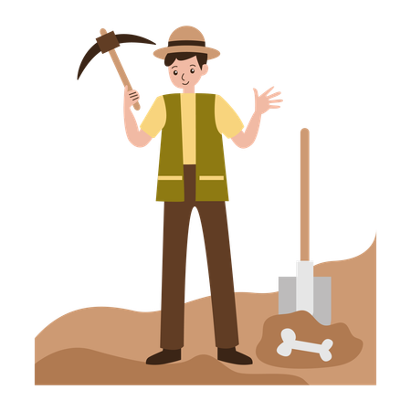 Male archaeologist doing Mammoth skull excavation  Illustration