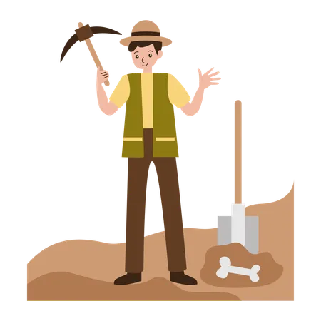 Male archaeologist doing Mammoth skull excavation  Illustration