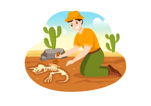 Male archeologist brushing out fossil bones Illustration