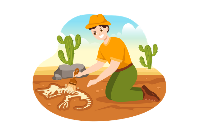 Male archeologist brushing out fossil bones  Illustration