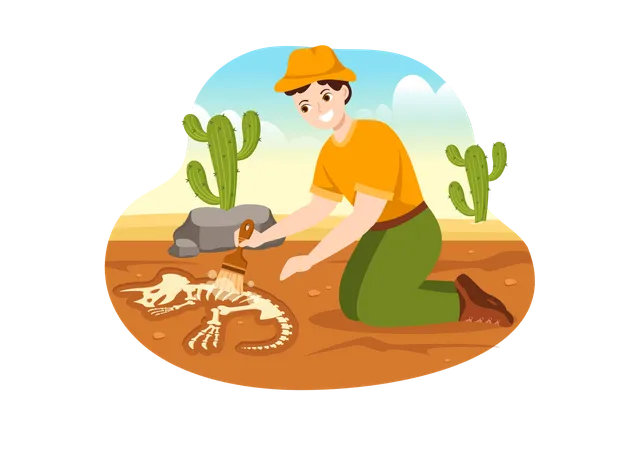 Male archeologist brushing out fossil bones  Illustration