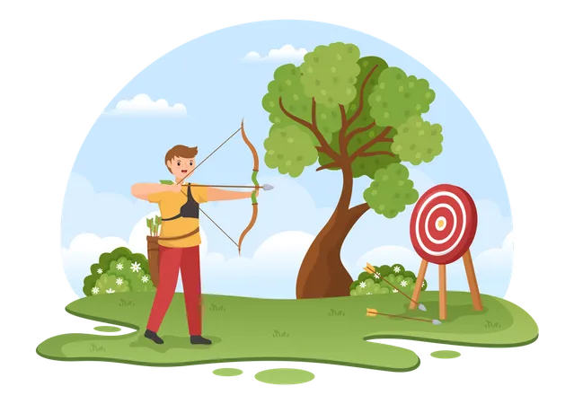 Archery Sport With Bow And Arrow Pointing At Target For Outdoor Recreational Activity In Flat Cartoon Hand Drawn Template Illustration Illustration