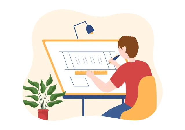 Drafting Engineer Or Architect Working On Drawing Board Projecting And Draft In Flat Cartoon Hand Drawn Templates Illustration イラスト