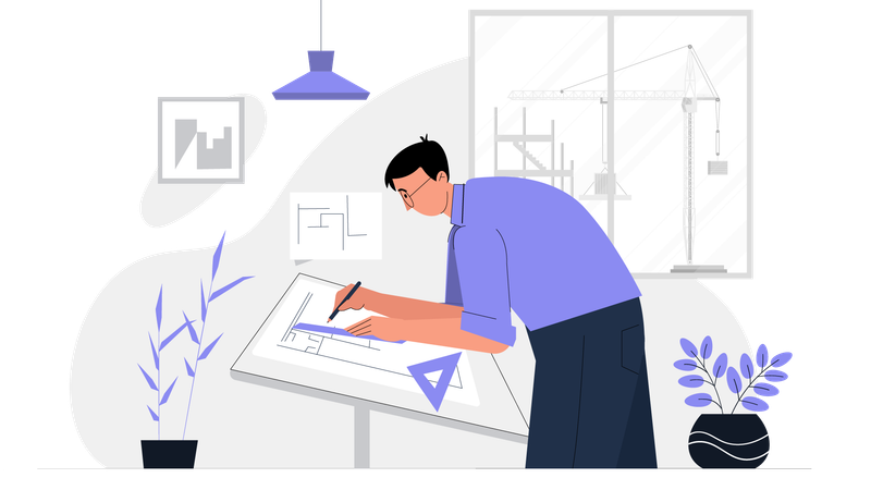 Male Architect Measuring home plan design  Illustration