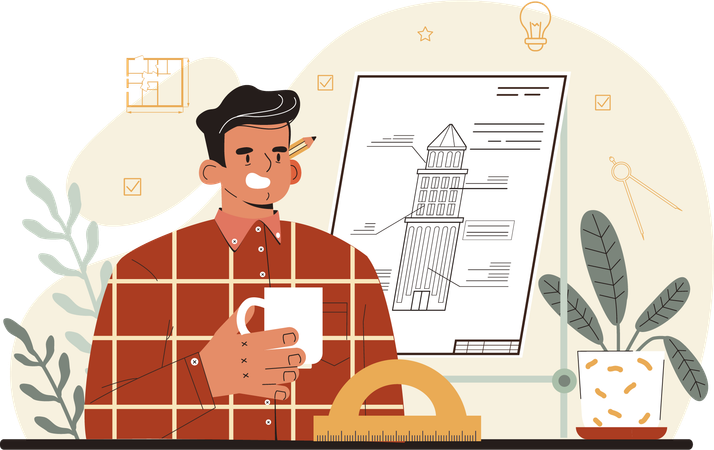 Male architecture looking at architect design while holding coffee cup  Illustration