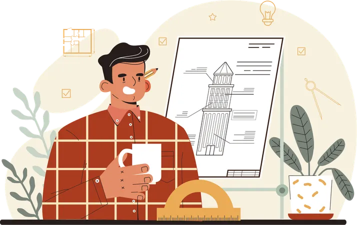Male architecture looking at architect design while holding coffee cup  Illustration