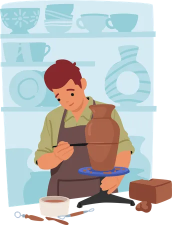 Artisan Male Character Shaping Clay Into Beautiful Pottery Using Carver And Wheel Adding Intricate Details With Tools To Create Unique And Functional Ceramic Piece Cartoon People Vector Illustration Illustration