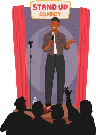 Male Artist Confidently Commands The Stage Delivering Uproarious Punchlines With Impeccable Timing Expressive Gestures And Infectious Energy Creating A Night Filled With Laughter And Joy Vector イラスト