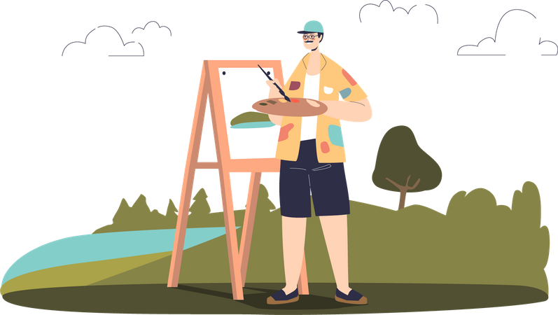 Male artist painting landscape in open air  Illustration