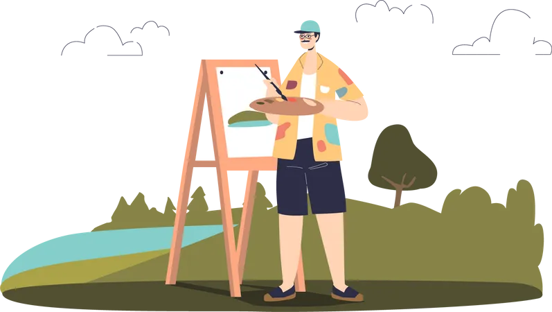 Male artist painting landscape in open air Illustration