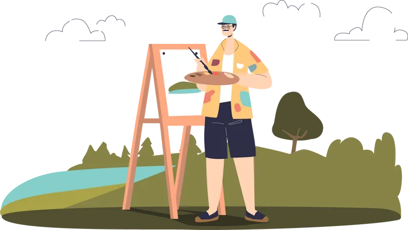 Male artist painting landscape in open air  Illustration