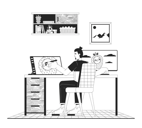 Digital Tablet Drawing Black And White Cartoon Flat Illustration Male Artist With Stylus Pen At Table 2 D Lineart Character Isolated Technology In Everyday Life Monochrome Scene Vector Outline Image Illustration