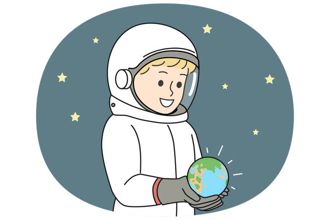 Male astronaut holding miniature planet earth  Illustration