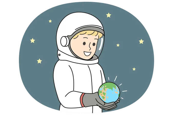 Male astronaut holding miniature planet earth  Illustration