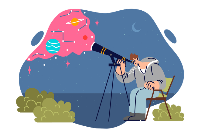 Male astronomer uses telescope looking at stars and planets  Illustration