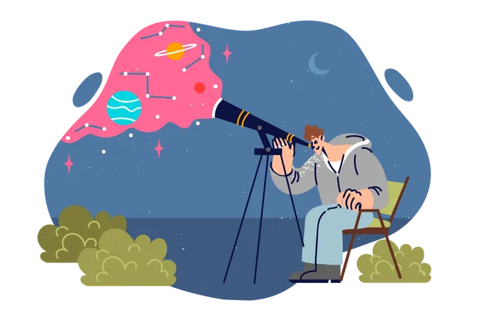 Male astronomer uses telescope looking at stars and planets  Illustration