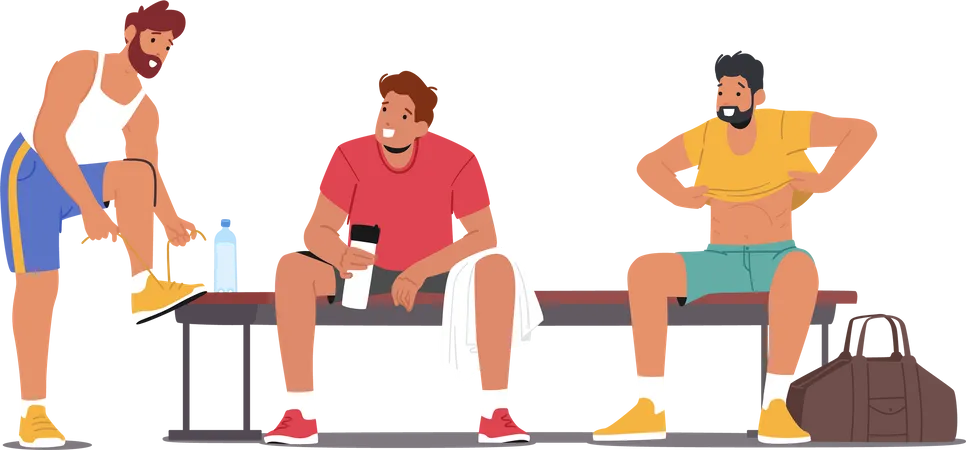 Male athlete drink water in locker room  Illustration