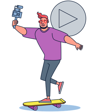 Male athlete making vlog while Skateboarding Illustration