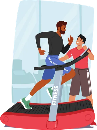 Athlete Male Character Receiving Personalized Training And Guidance From A Personal Coach For Maximizing Overall Performance Man Running On Treadmill With Support Cartoon People Vector Illustration Illustration