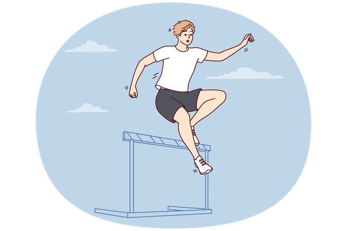 Male athlete running up jumps over barrier during important competition  Illustration