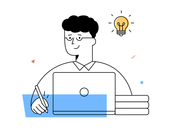 Male author with glasses writes on laptop in modern digital workspace  Illustration