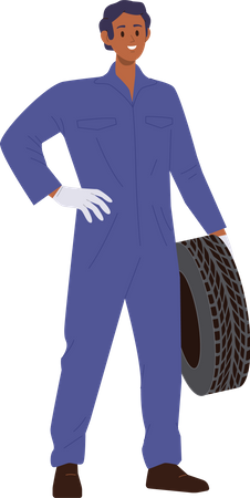 Male auto mechanic holding car tire  Illustration