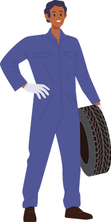 Male auto mechanic holding car tire  일러스트레이션