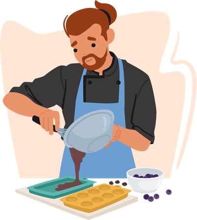 Male baker pouring melted chocolate  Illustration