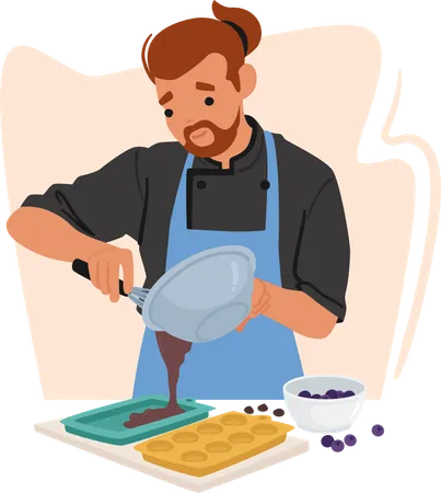 Male baker pouring melted chocolate  Illustration