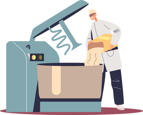Male baker putting flour in big industrial mixer for kneading  Illustration