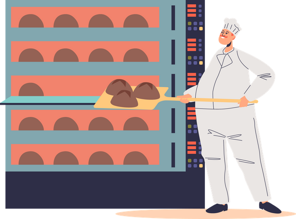 Male baker putting raw bread to industrial oven  Illustration