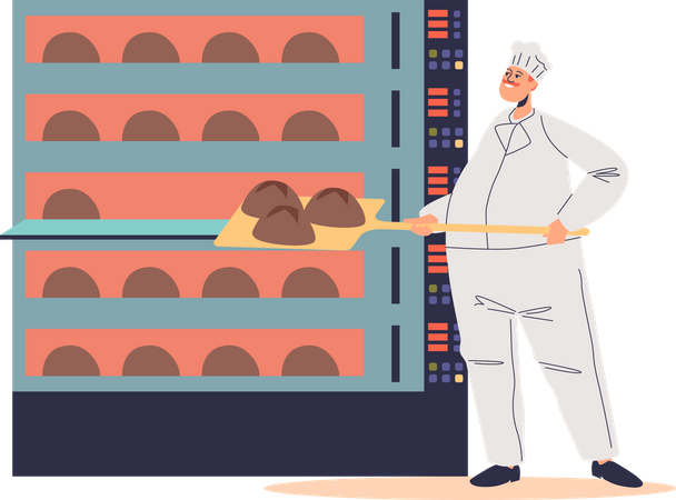 Male baker putting raw bread to industrial oven  Illustration