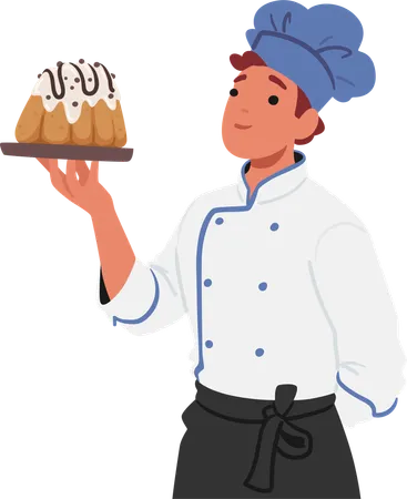 Male baker showing crafted cake  Illustration