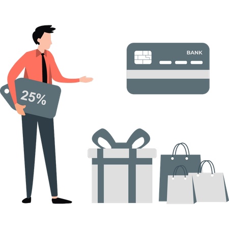 Male banker gives discount on card shopping  Illustration