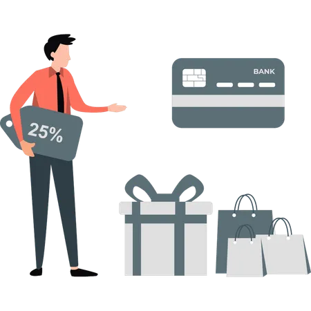 Male banker gives discount on card shopping  Illustration