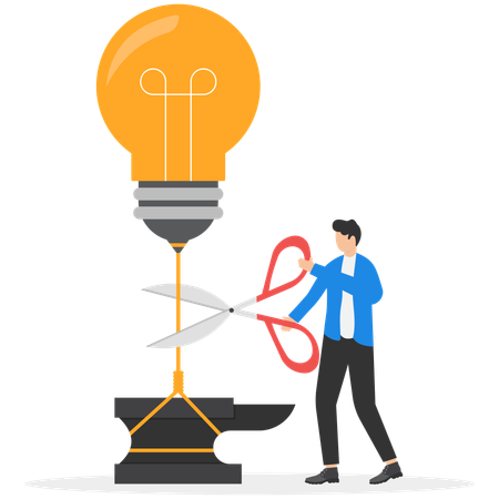 Male banker using scissors cutting bulb into sky  Illustration
