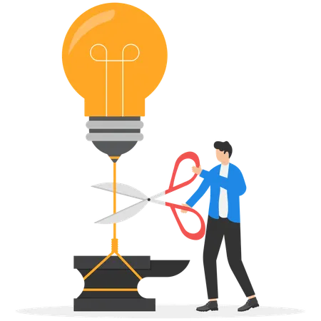 Male banker using scissors cutting bulb into sky  Illustration