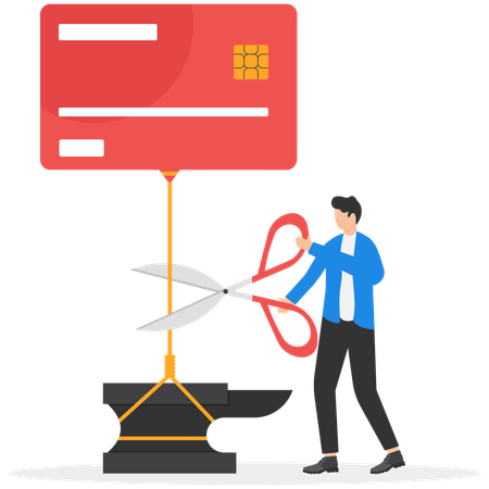 Male banker using scissors cutting debt load of borrower  Illustration